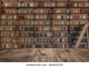 Empty table with library on background