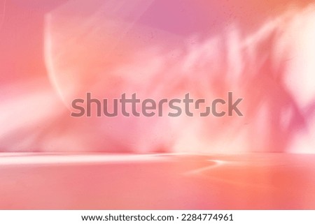  Empty table on bright pink wall background. Composition with abstract pink reflections and shadows. Mock up for presentation, branding products, cosmetics, food or jewellery.