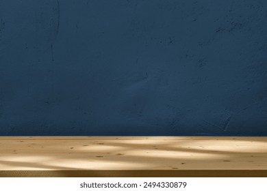 Empty table on dark blue texture wall background. Mock up for presentation, branding products, cosmetics food or jewelry.
