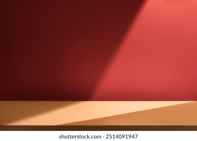 Empty table on dark red wall. Background with window light and shadow. Mockup for presentation, branding products, cosmetics, food, technology or jewelry. Premium background