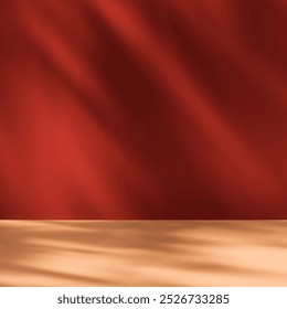Empty table on dark red wall. Square background with window light and shadow. Mockup for presentation, branding products, cosmetics, food, technology or jewelry.