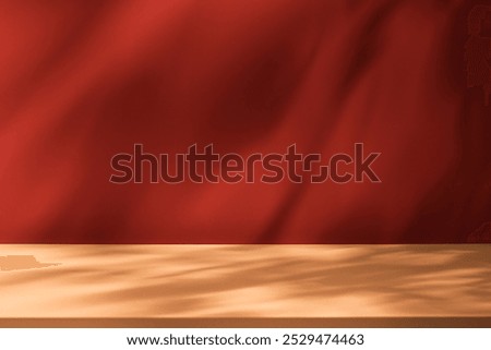 Empty table on dark red wall. Background with window light and shadow. Mockup for presentation, branding products, cosmetics, food, technology or jewelry. Premium background