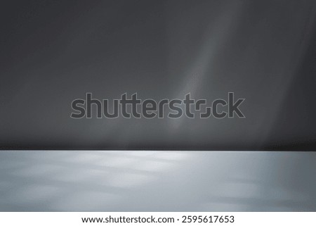 Empty table on neutral grey wall. Background with window light and shadow. Mockup for presentation, branding products, cosmetics, food, technology or jewelry. Premium background