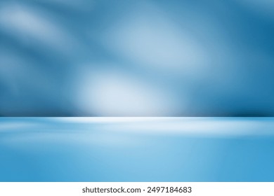  Empty table on smooth blue wall background. Composition with abstract light reflections and shadows. Mock up with blurry spotlight for winter presentation, branding products, cosmetics and food. - Powered by Shutterstock