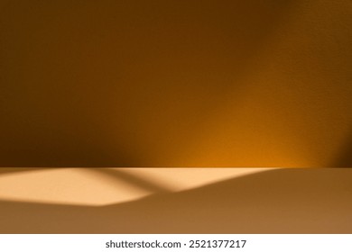 Empty table for product display with brown background, shadows and natural sun light.