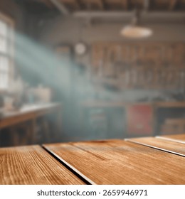 Empty table with product space in artisan workshop with natural window light. Showcasing handmade goods, tools, branding mockups, DIY products or creative workspace concepts.