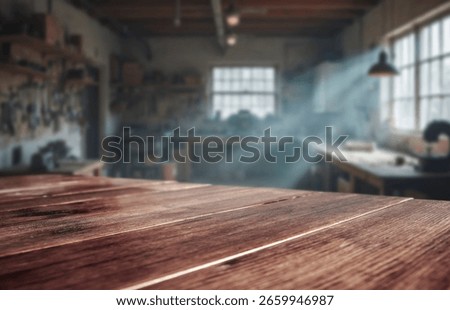 Empty table with product space in artisan workshop with natural window light. Showcasing handmade goods, tools, branding mockups, DIY products or creative workspace concepts.