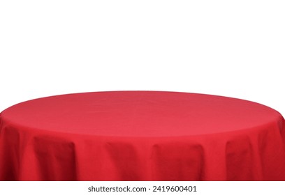 Empty table with red tablecloth isolated on white
