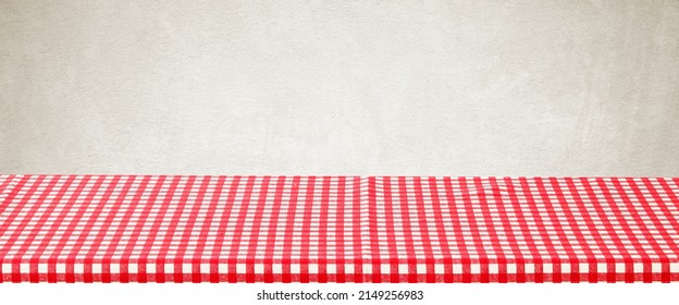 Empty Table With Red And White Check Pattern Tablecloth Over Brown Wall Background, Banner, Table Top, Shelf, Counter Design For Product Display Montage