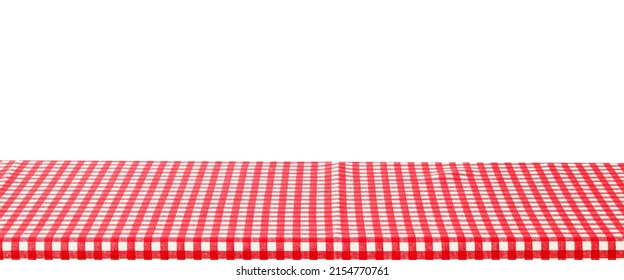 Empty table with red and white check pattern tablecloth over white wall background, banner, table top, shelf, counter design for product display montage