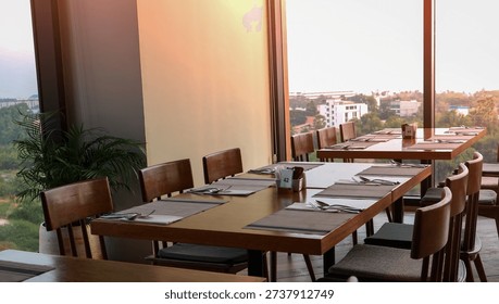 The Empty Table in Serene Restaurant Interior with a View