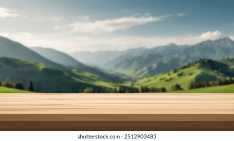 Empty table top in front, blurred alps mountains background. Product advertising banner with copy space