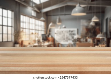 Empty table top with office space background