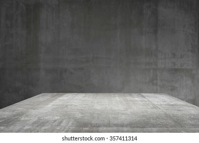 Empty Table Top Ready For Product Display Montage; Cement Table And Gray Cement Background.