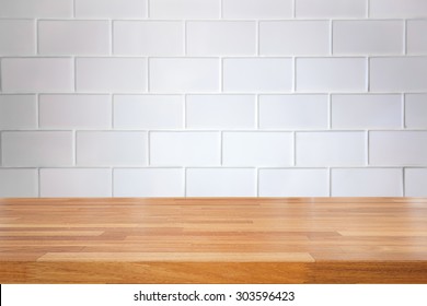 Empty table and white brick wall background, product display montage