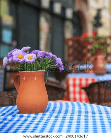 Empty tables  with colored checkered tablecloth in the street with blooming purple aster flowers in a brown clay pot outside a cafe bar or restaurant,Hungary ,Europe.Blurred street background.