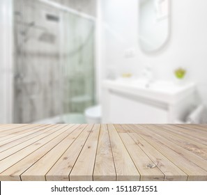 Empty Tabletop For Product Display With Blurred Bathroom Interior Background