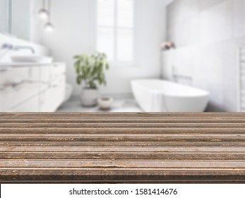 Empty Tabletop For Product Display With Blurred Bathroom Interior Background
