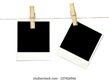 Empty Tag On Clothes Line Rope With Peg Isolated On White Background