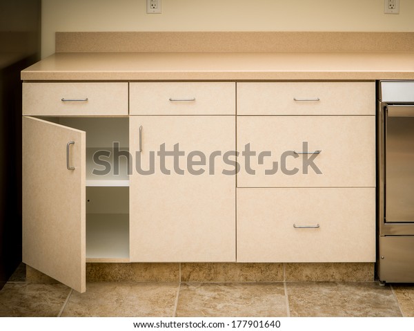 Empty Tan Kitchen Counter Cabinet Minimalist Stock Photo Edit Now