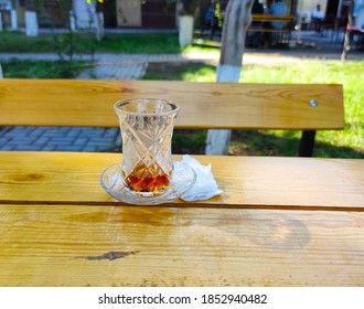 Empty Tea Glass. Outdoor Restaurant. Location Sumgait.