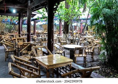 Empty Teahouse In Chengdu People’s Park With Bamboo Tables And Chairs