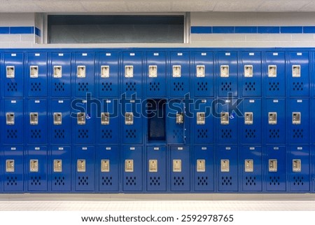 Empty team locker room, changing room, with an open locker, with traditional blue metal lockers.