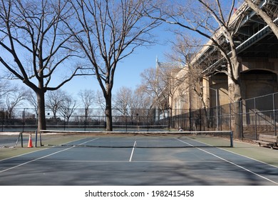 Empty Tennis Court At Astoria Park In Astoria Queens New York Next To The Triborough Bridge