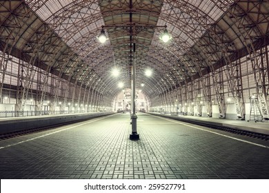 Empty terminal railway station at night time.  - Powered by Shutterstock
