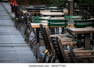 Empty Terrace And Patio Of A Bar Restaurant Of Belgrade, Serbia, Closed Due To The Coronavirus Covid 19 Lockdown Measures To Prevent The Spread Of The Disease.

