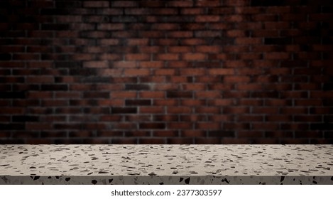 empty terrazzo stone table with vintage brick wall background for product placement. beige marble table at foreground in dark interior room. rustic stone table with light at the middle. - Powered by Shutterstock