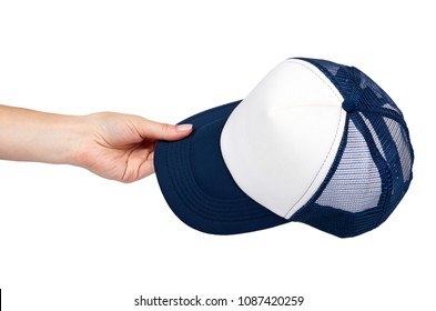 Empty textile cap with hand isolated on white background.