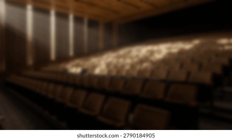 An empty theater auditorium features rows of wooden seats illuminated by dramatic light shafts from above.