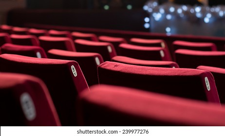 Empty Theater With Red Chairs. Rear View.