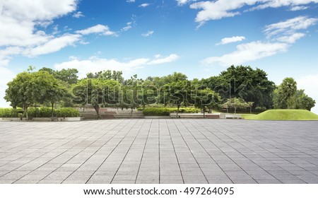 Empty tiles at the nice and peaceful comfortable great garden panorama 
