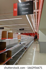 Empty Toilet Paper And Tissue Paper Racks In Coles Indooroopilly, Brisbane, Australia. Photo Taken On 4 Mar 2020.