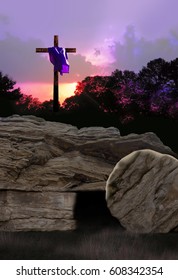 Empty Tomb And Cross With Purple Garment