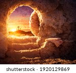 Empty Tomb With Crucifixion At Sunrise - Resurrection Concept