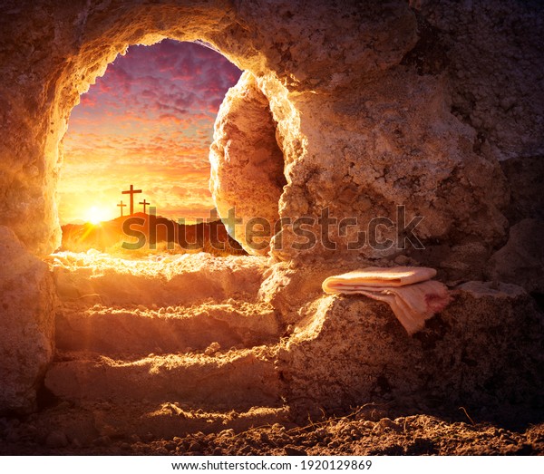 Empty Tomb With Crucifixion At Sunrise -\
Resurrection Concept