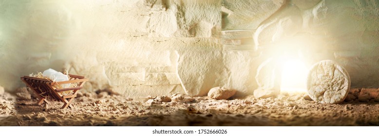 Empty tomb of Jesus Christ with light. Born to Die, Born to Rise. "He is not here he is risen". Savior, Messiah, Redeemer, Gospel. Alive. Christian Easter concept. Jesus Christ resurrection. Miracle.