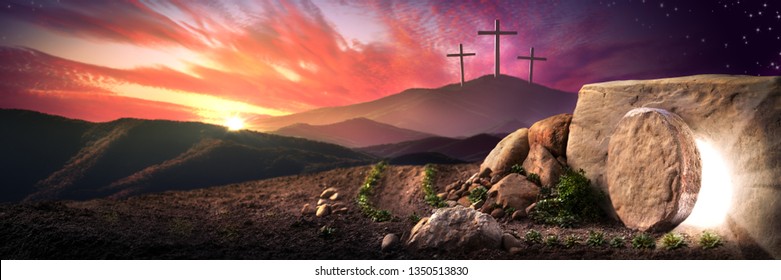 Empty Tomb Of Jesus Christ At Sunrise With Three Crosses In The Distance - Resurrection Concept - Shutterstock ID 1350513830