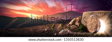 Empty Tomb Of Jesus Christ At Sunrise With Three Crosses In The Distance - Resurrection Concept
