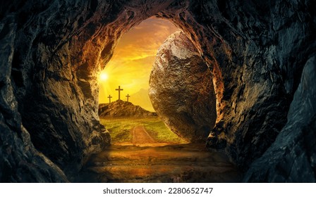 Empty tomb of Jesus with crosses in the background. - Shutterstock ID 2280652747