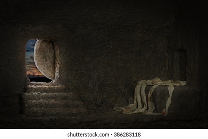 Empty Tomb Of Jesus With Crosses On Far Hill