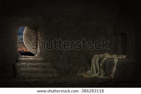 Empty tomb of Jesus with crosses on far hill