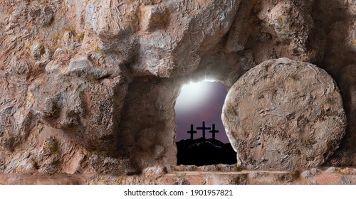 Empty Tomb, Open Door And Three Crosses In The Distance On Sunset Sky Background With Copy Space For Inscription.  Christian Easter Concept.