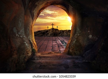 Empty tomb with three crosses  - Shutterstock ID 1054823339