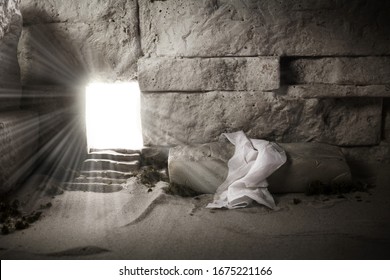 Empty tomb while light shines from the outside. Jesus Christ Resurrection. Christian Easter concept.