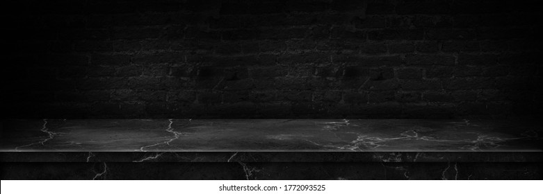 Empty Top Of Natural Stone Shelves And Cement Wall Background. Empty Marble Black Table Top Cement Black.