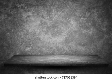 Empty Top Stone Shelves With Grunge Dark Cement Or Concrete Wall Texture  Background.Counter For Display Or Montage Of Product.